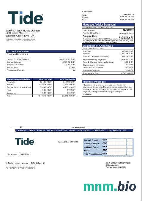 Zjednoczone Królestwo Tide Bank wyciąg z kredytu hipotecznego w formatach Word i PDF